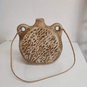 Vintage  Smoked Ceramic Flask Rustic Clay Canteen Decor Art Pottery